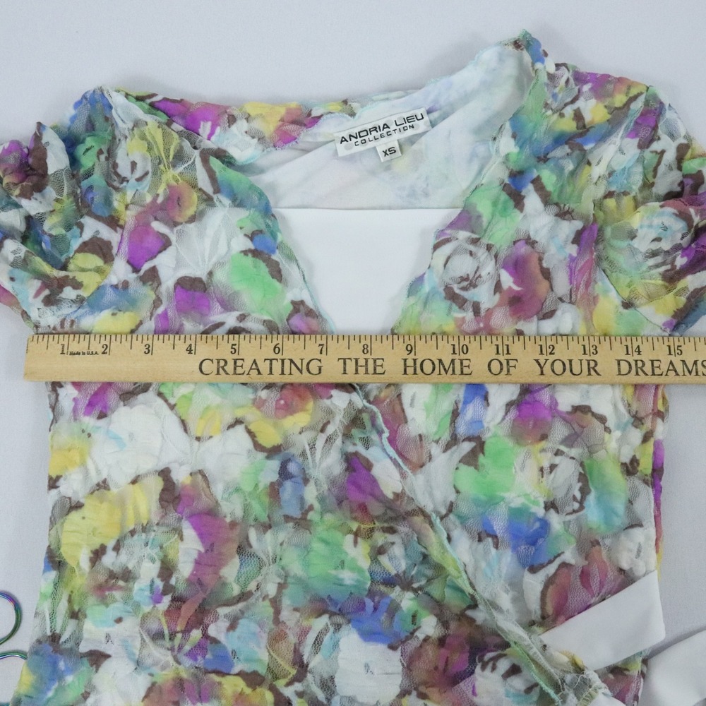 Y2K Andria Lieu Multicolor Pastel Watercolor Floral Lace Wrap Top Womens Sz XS - Picture 6 of 7